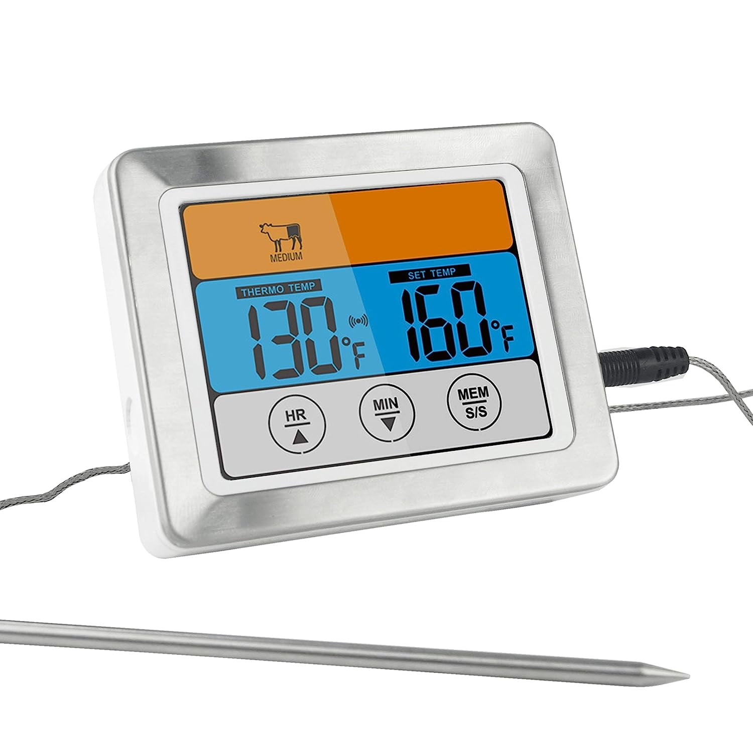 Large LCD Display BBQ Thermometer with Timer - Stainless Steel Temperature  Probe for Precise Cooking 