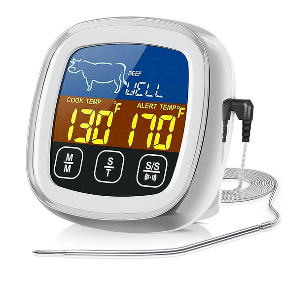 Digital Meat Thermometer with Large Touchscreen LCD, with Long Probe, Kitchen Timer, Backlight Instant Read for Smoker Kitchen BBQ Oven, Grill Thermometer, Cooking Food Meat Thermometer - white