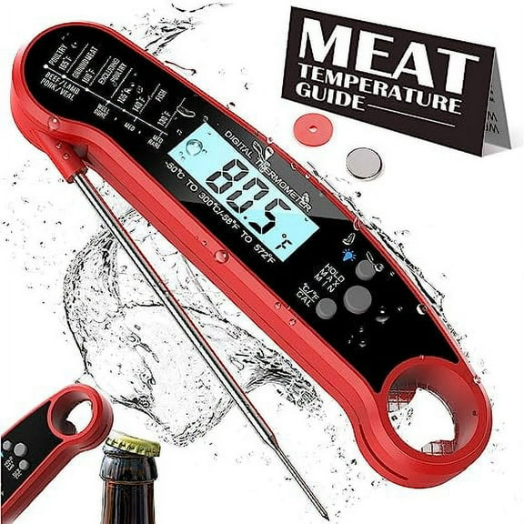 Digital Meat Thermometer with Probe, Instant Read Food Thermometer for Grilling BBQ, Kitchen Cooking, Baking, Liquids, Candy & Air Fryer - IP67 Waterproof, Backlight & Calibration - Red