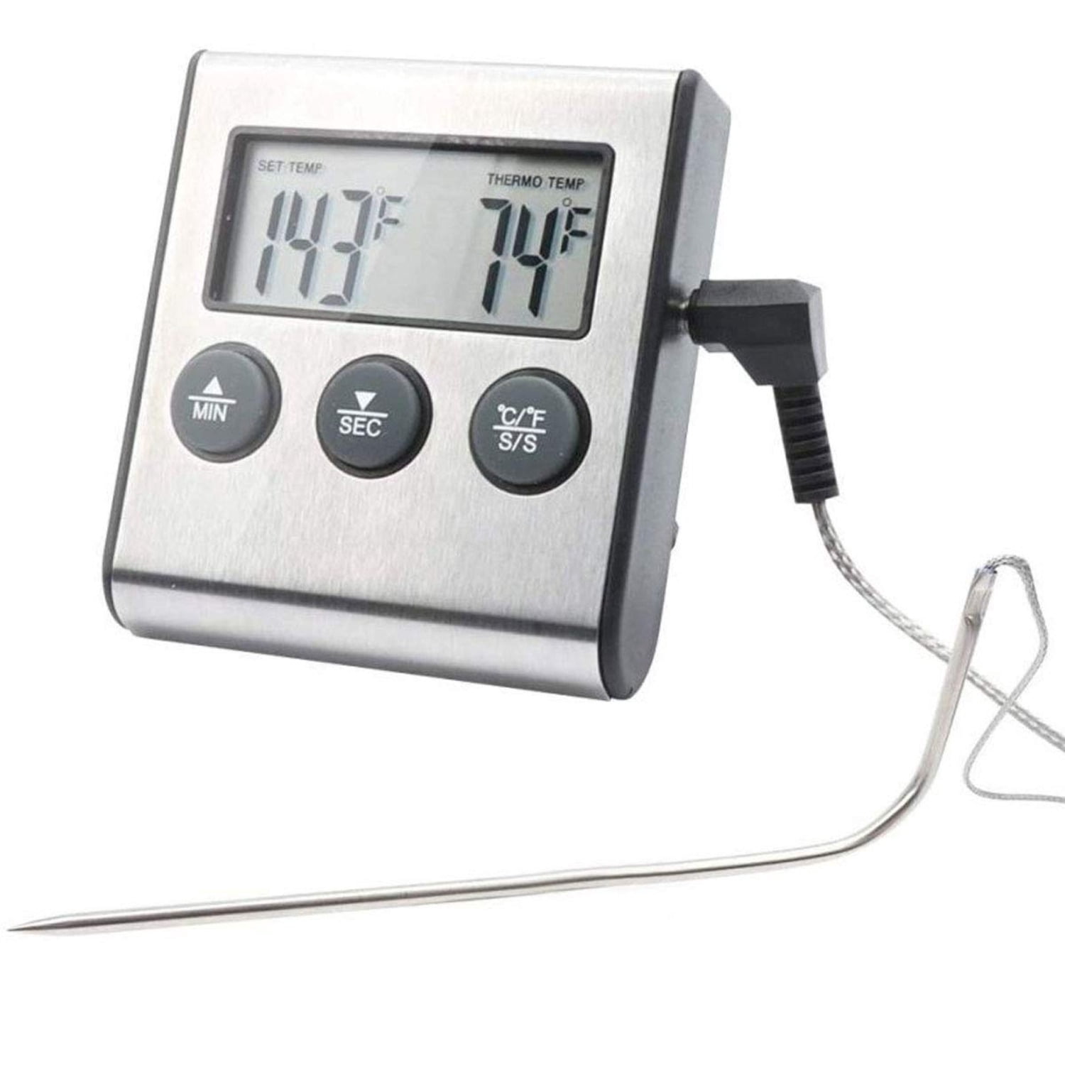 Digital Oven Meat Thermometer with Probe, Large LCD Timer Instant Read Grill Roasting Thermometer for Smoker BBQ Turkey Kitchen Outdoor, Stainless Steel