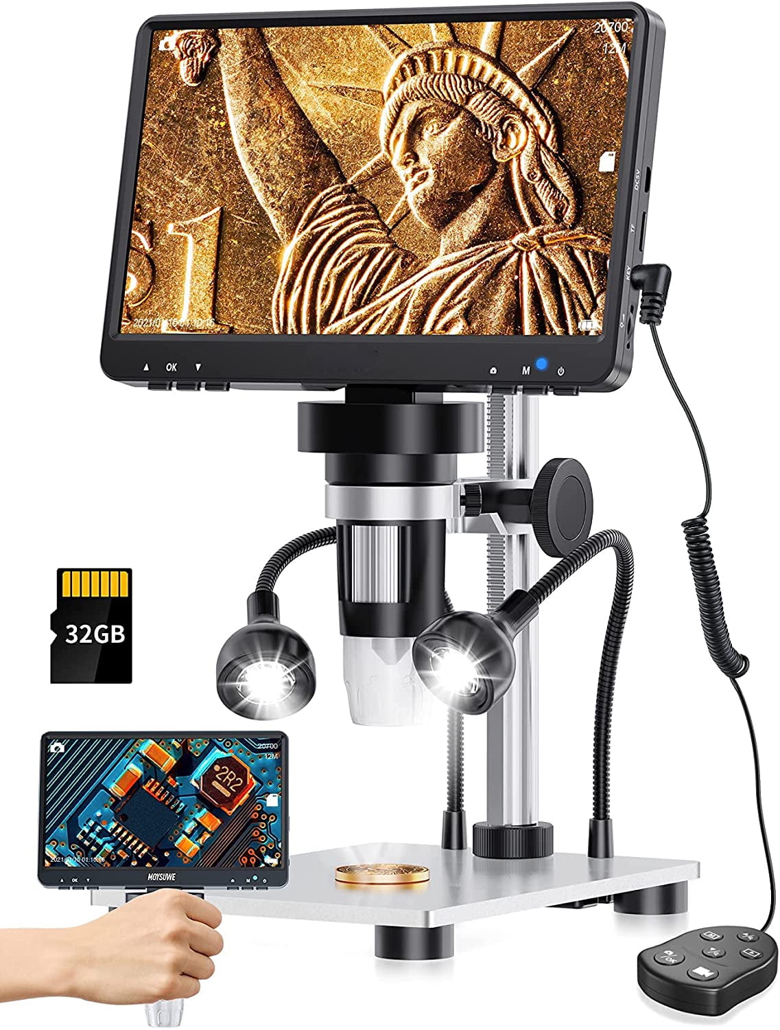 Elikliv 7 Digital Microscope, 1200X Coin Microscope 1080P with 12MP Camera  Sensor, Wired Remote, 10 LED Lights, Soldering Electronic Microscope for