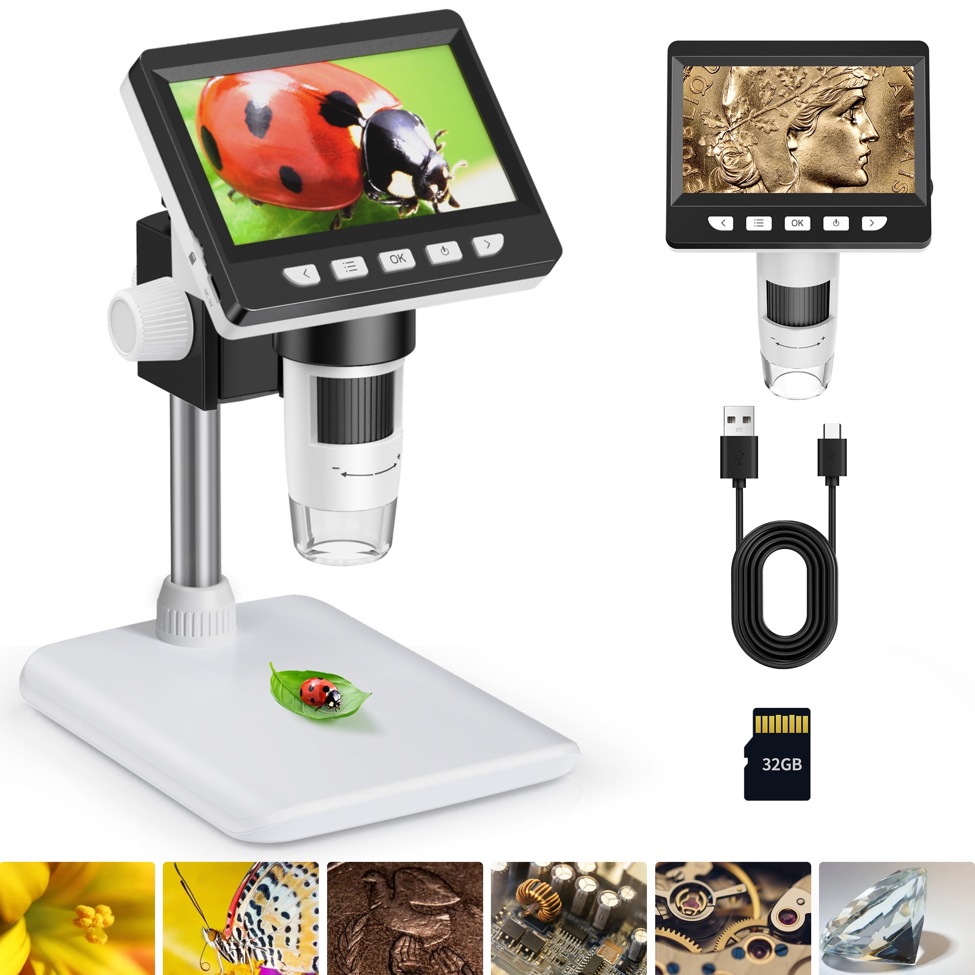 XClifes 4.3 inch LCD Digital Microscope, Coin Microscope Handheld USB  Microscope 50X-1000X Magnification Video Camera with 8 Adjustable LED  Lights for Adults PCB Soldering DM4