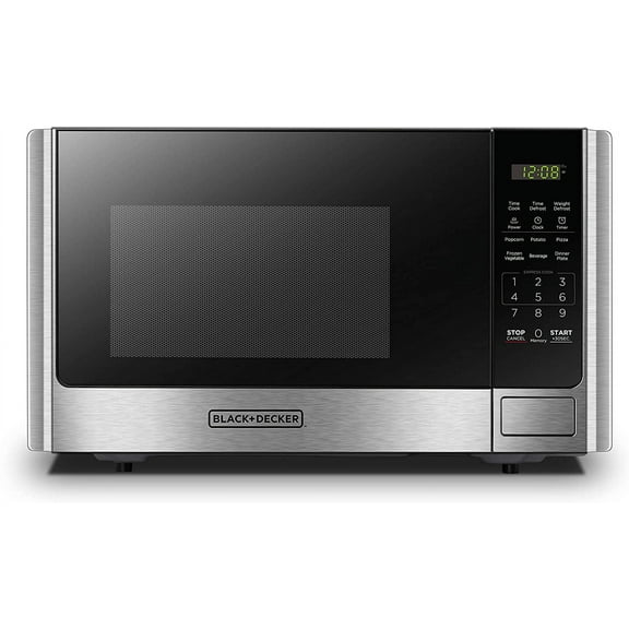 Digital Microwave Oven with Turntable Push-Button Door, Child Safety Lock, Stainless Steel, 0.9 Cu Ft