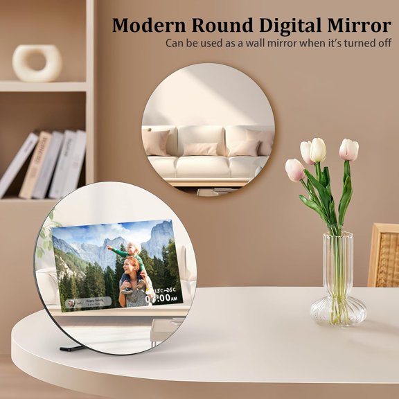 Digital Mirror Picture Frame 10.1 Inch Touch Screen Smart WiFi Round Photo Frame Electronic 32GB Storage Share Photos Video App Circle Vanity Mirror Desk Wall Room Decor Silver Mirrored