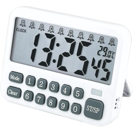 Digital Multifunction Timer with Clock, 10 Preset Alarms, Countup & Countdown, Memory Settings, White
