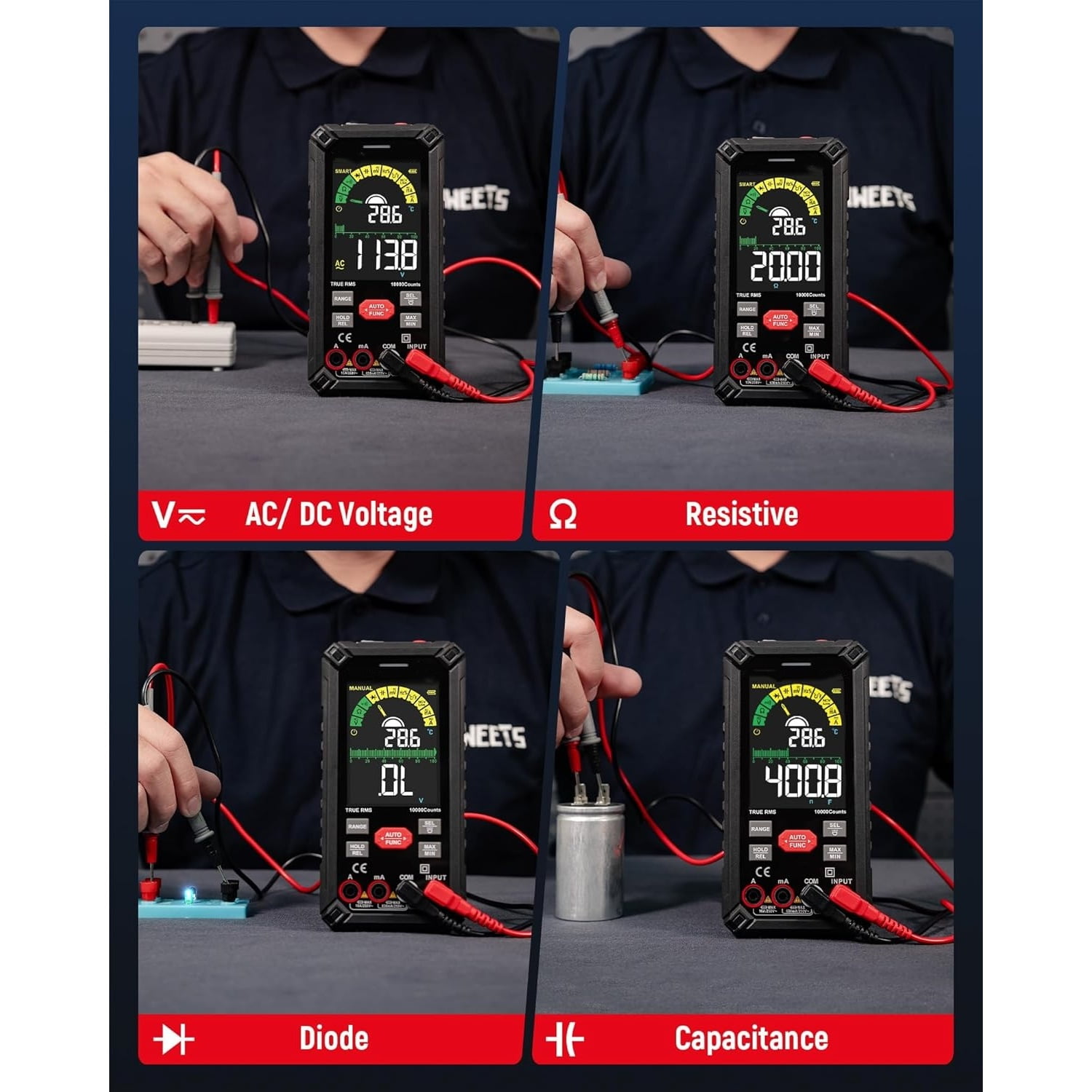 Digital Multimeter 10000 Counts TRMS Auto Ranging, Rechargeable Smart Multimeter, Color LCD Screen Volt Meter, Measures Voltage, Current, Resistance, Continuity, Capacitance, Frequency