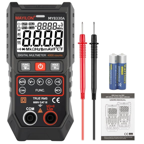 Digital Multimeter 4000 Count Multimeter, Auto-ranging Voltmeter, AC/DC Voltage Tester, Ammeter, Ohmmeter, Continuity Test, Temperature, Suitable for Automotive/Home/Electrical 8330