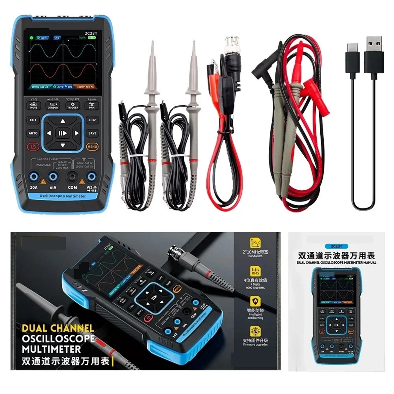 Digital Multimeter Handheld Oscilloscope 10MHZ*2+ Function Signal Generator 9999 Count Smart Professional Tester ,Battery Test