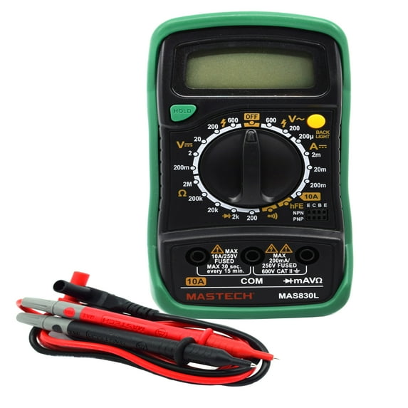 Digital Multimeter Model M-830L - DC Voltage 200mV - 600V /  AC Voltage 200V - 600V - Testing Leads, Battery & Instructions Included - Drop Resistant Case - Eisco Labs