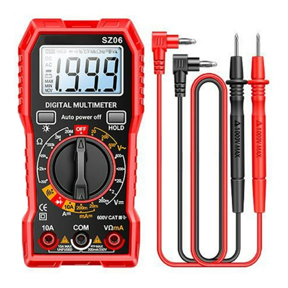 Digital Multimeter SZ06 with 1999 Counts Display, AC/DC Voltage Current Resistance Diode and Continuity Tester, Backlit LCD, Data Hold, Auto Power Off, Portable ABS Housin(RED)