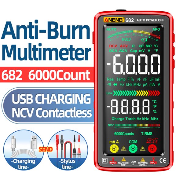 Digital Multimeter Screen 682 6000 Counts Large LCD Digital Multimeter Smart Anti-burn Rechargeable Universal Meter VA Reverse Screen NCV Tester with Flashlight for Voltage Current Resistance