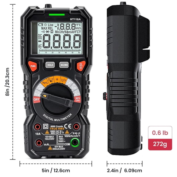Digital Multimeter TRMS 6000 Counts Voltmeter Auto-Ranging Fast Accurately Measures Voltage Current Amp Resistance Diodes Continuity Duty-Cycle Capacitance Temperature for Automotive