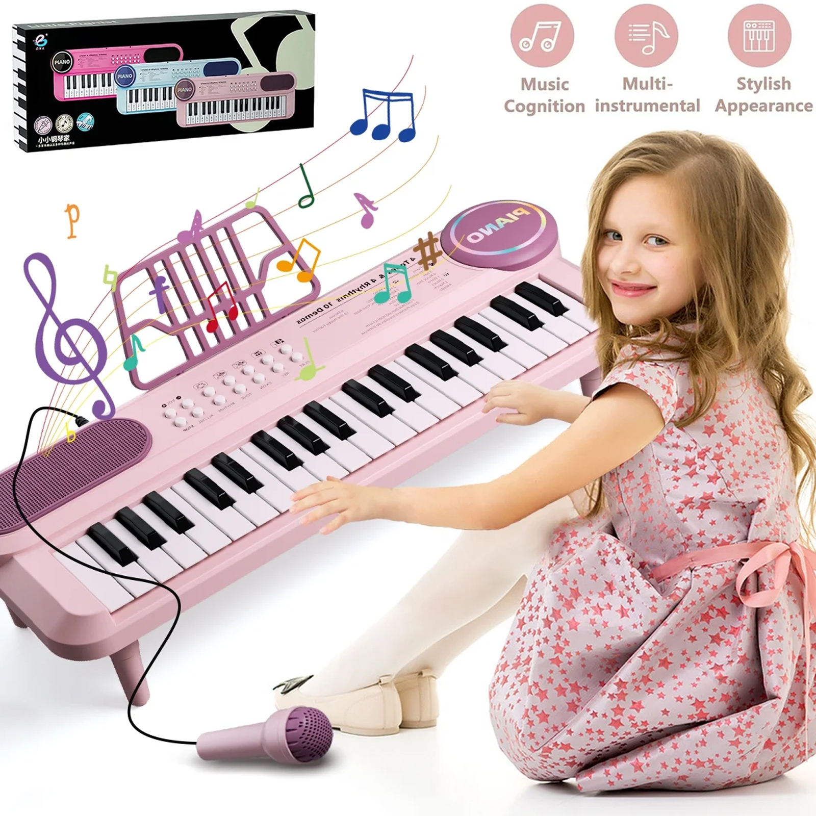Digital Music Piano Keyboard for Kids, 37 Keys Portable Electronic Musical Instrument, Multi-function Keyboard with Microphone for Kids Boys Girls Birthday Gifts, Pink