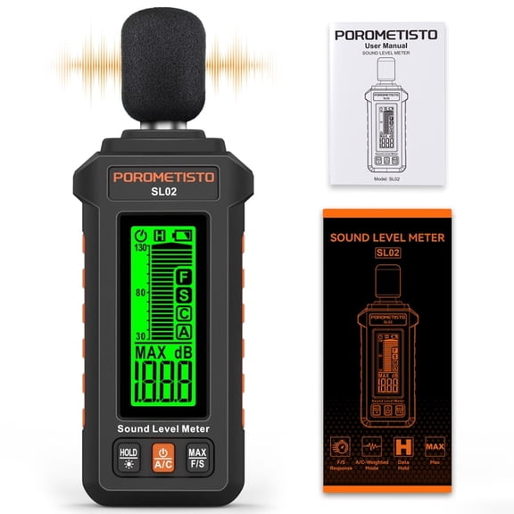 POROMETISTO SL02 Digital Noise Meter Sound Level Meter 30-130dB A/C Weighted Handheld DB Meter Noise Decibel Monitor Noise Audio Sound Detector