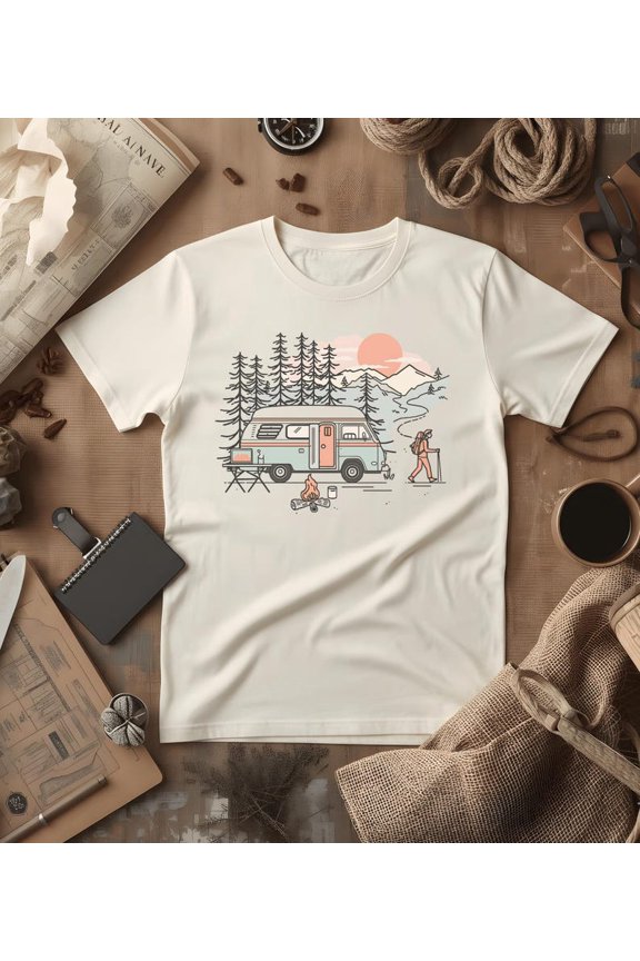 Digital Nomad Van Life Retro Mountain Camping Scene Graphic Comfort Colors Unisex Cotton T-Shirt, Size S-3XL