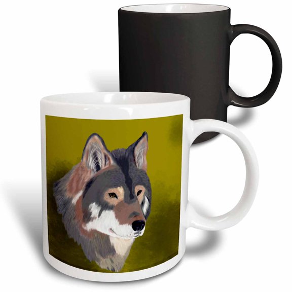 3drose, Digital Oil Painting of a Timber Wolf . Head Portrait, 11oz Magic Transforming Mug