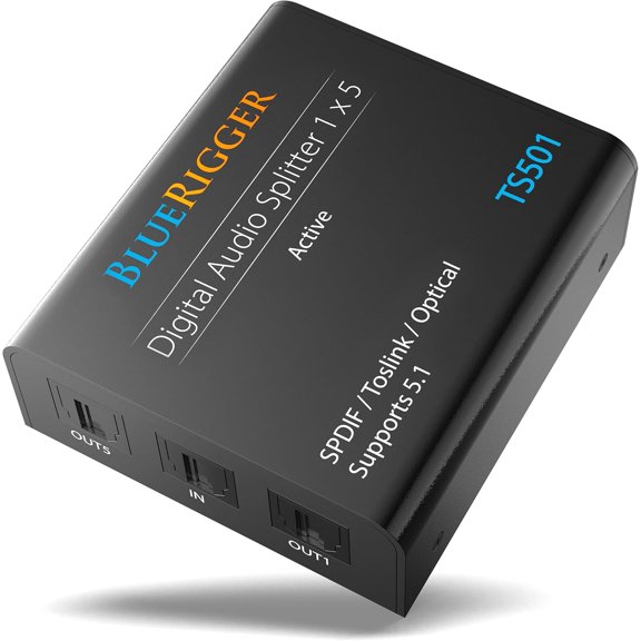 Digital Optical Audio Splitter 1x5 (Active Toslink Splitter 1 in 5 Out, SPDIF, Fiber Optic Audio Adapter) - for Home Theatre, Xbox, PS4, DVD, CD Player, Receiver, HDTV