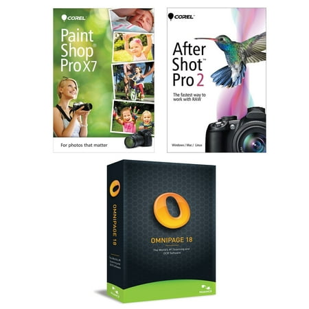 Digital Organization & Creativity Suite; Corel Paintshop Pro X7, Corel After Shot Pro 2, Omnipage 18 (For Windows 8, 7, & Vista)