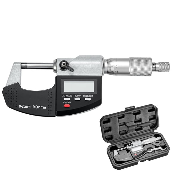 Digital Outside Micrometer 0-1 in Measuring Range 0.00005 in Resolution LCD Carbide Tip in mm Switch Protective Case
