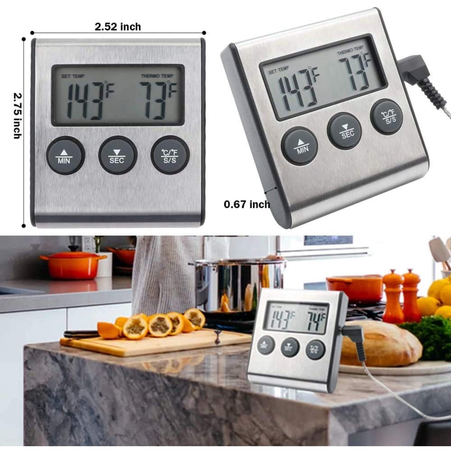 Digital Oven Meat Thermometer 2 Pack with Probe, Large LCD Instant Read Grill Thermometer & Timer for Smoker BBQ Turkey Kitchen Roasting, Stainless Steel