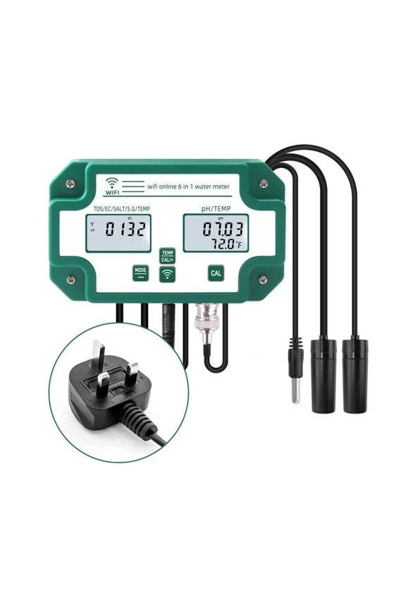 Digital PH EC TDS SALT SG.Temp Meter Water Quality Tester Data Logger 6-in-1 Smart Monitor Tuya APP Control ,Accurate - WHITE_PLUG