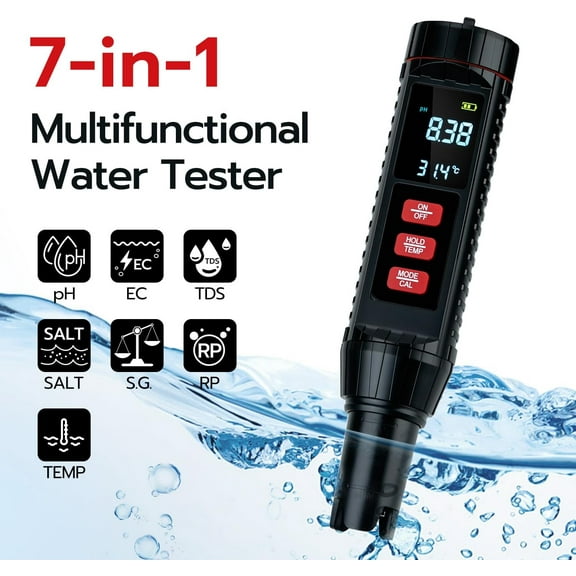 Digital PH Tester, 7 in 1 Pool Salt Tester for Water TDS/EC/Salinity/Temp/ORP/S. G/PH, Digital Pool Water Tester for Drinking Water Swimming Pools Hot Tubs and Spas