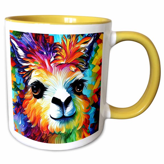 3drose, Digital Painting of an Alpaca Animal. Vibrant Colors. Chic Gift, Card, 15oz Two-tone Yellow Mug