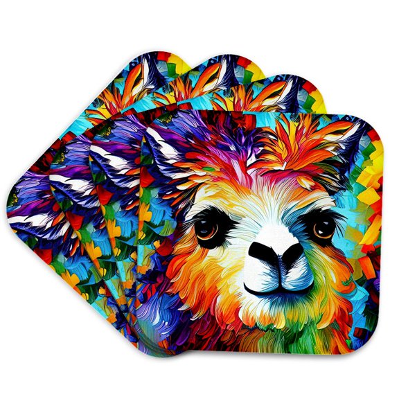 3drose, Digital Painting of an Alpaca Animal. Vibrant Colors. Chic Gift, Card, Set of 4 Coasters - Soft