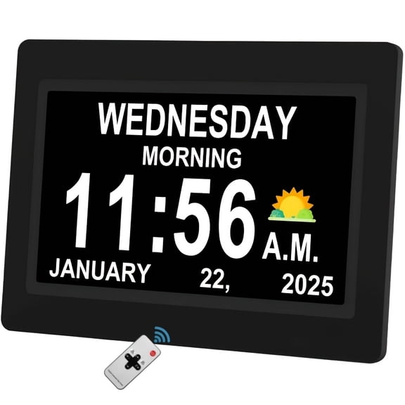 Digital Photo Frame with Date and Alzheimer's Support Clock - Auto Dimming, 12 Alarm Reminders, Multiple Display Modes, Large Screen for Wall or Desktop, USB Powered