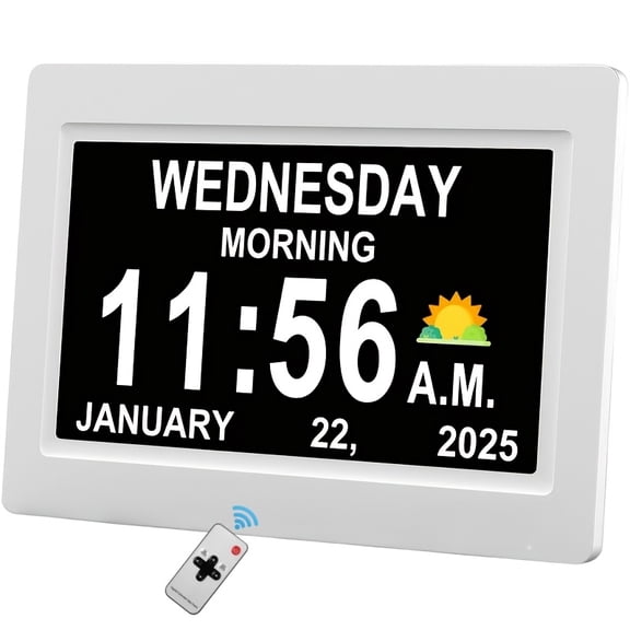 Digital Photo Frame with Date and Alzheimer's Support Clock - Auto Dimming, 12 Alarm Reminders, Multiple Display Modes, Large Screen for Wall or Desktop, USB Powered