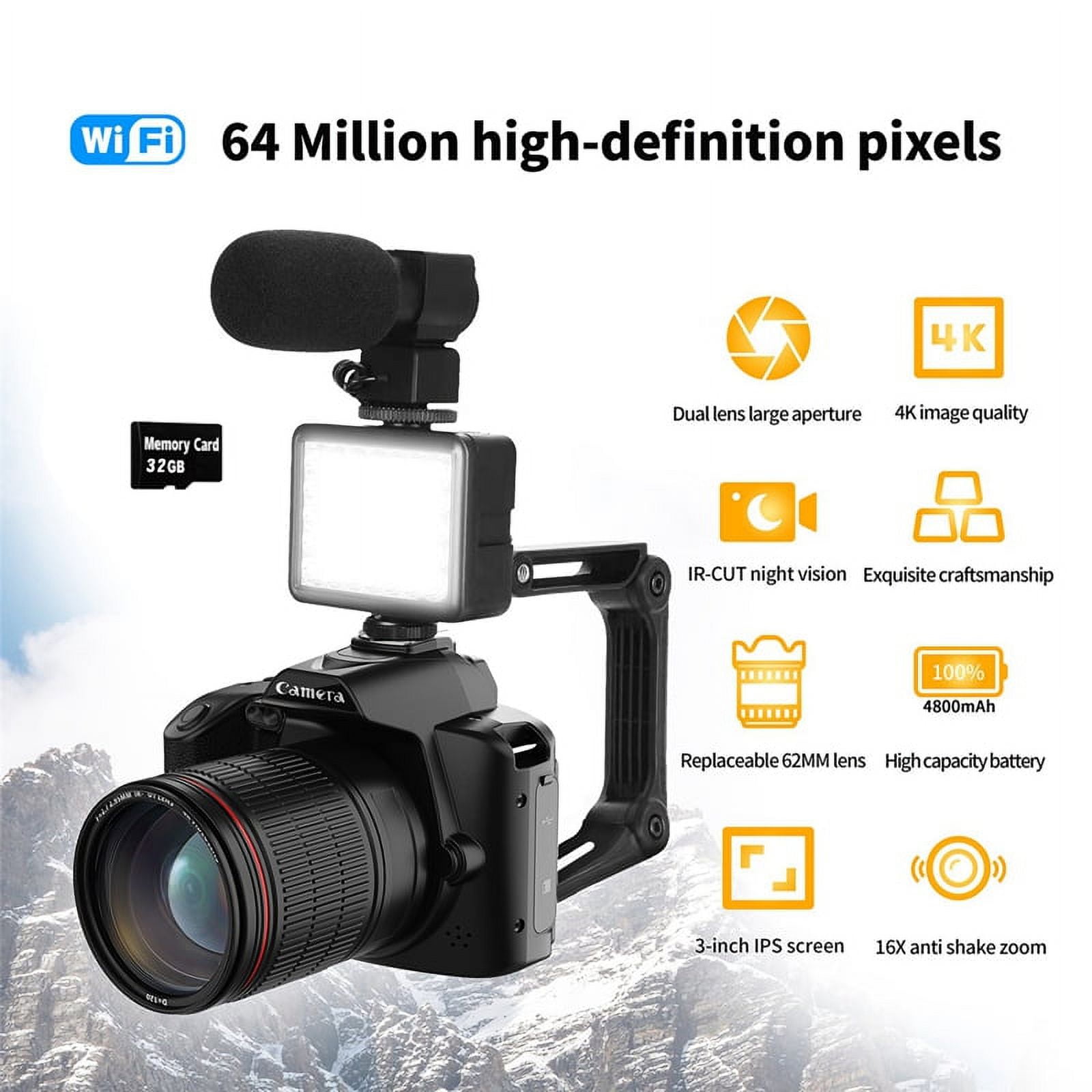 Digital Photography Camera 4K WIFI WebCam Video Recorder 64MP Camcorder Camera Zoom Blogging Camera with 32G Memory Card,Black