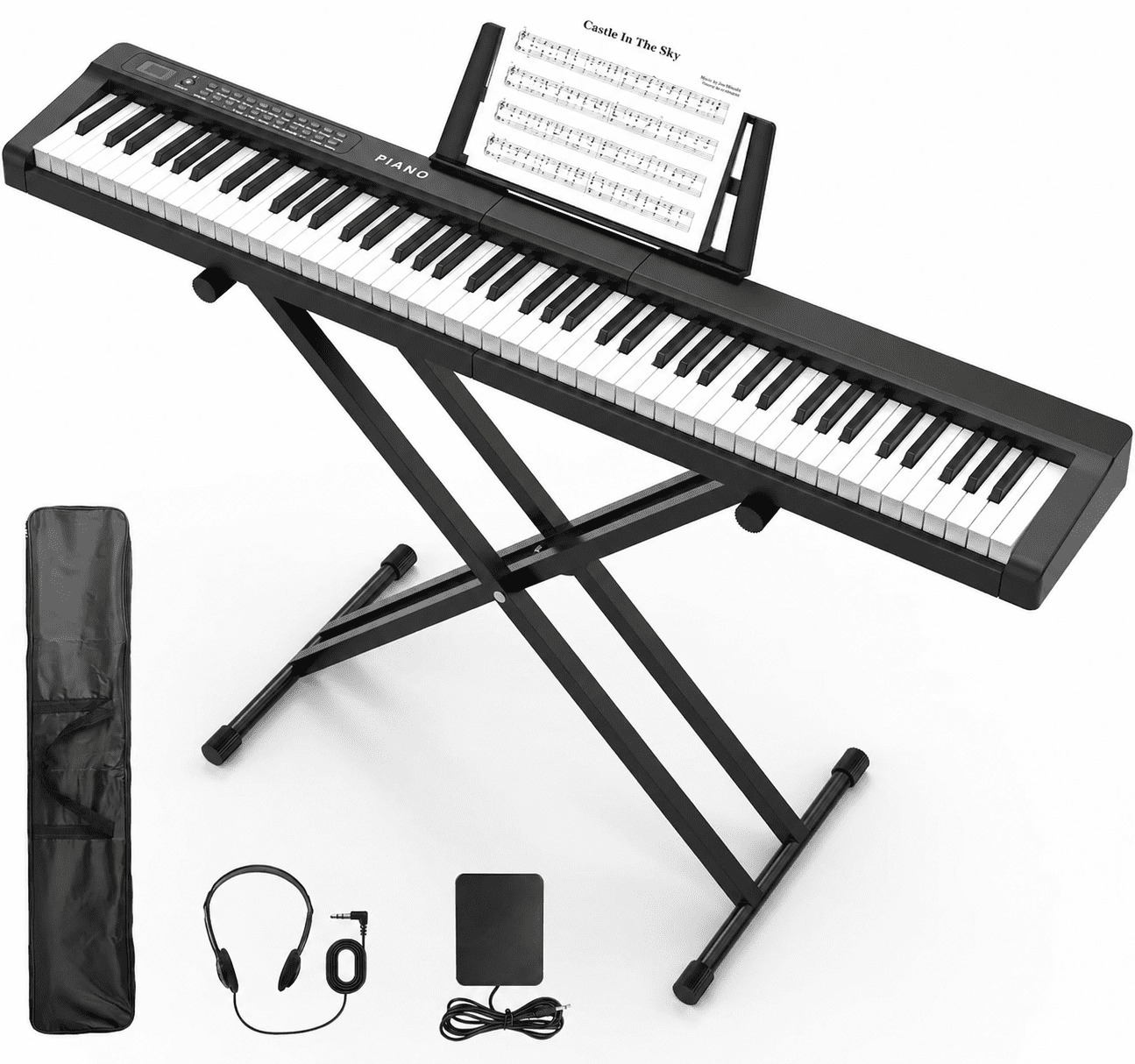 Set de piano digital con teclado electrónico de 88 teclas de tamaño completo semi contrapesadas, con soporte, altavoces integrados, pedal de sustain, Bluetooth, MIDI, USB y MP3