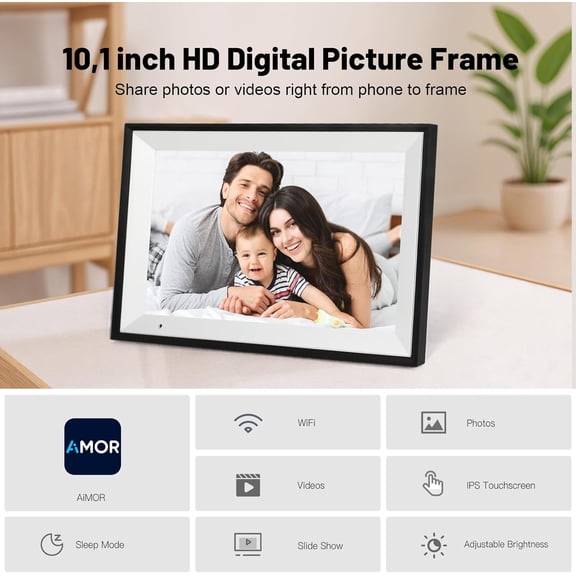 Digital Picture Frame 10.1 Inch HD IPS Touch Screen with 32GB Memory, Smart WiFi Photo Frame for Family Photos and Videos via AiMOR App, Auto-Rotate, Black