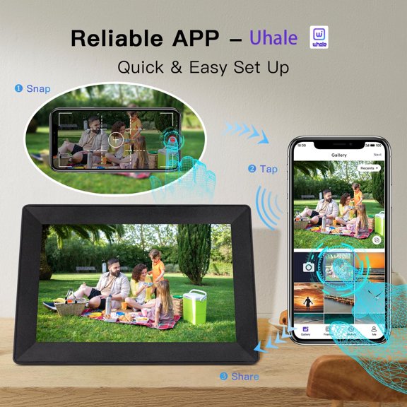 Digital Picture Frame 10.1 Inch WiFi Photo Frame with 1280x800 IPS HD Touch Screen, 16GB Storage, Auto-Rotate, Wall-Mounted for Home Decor and Gift