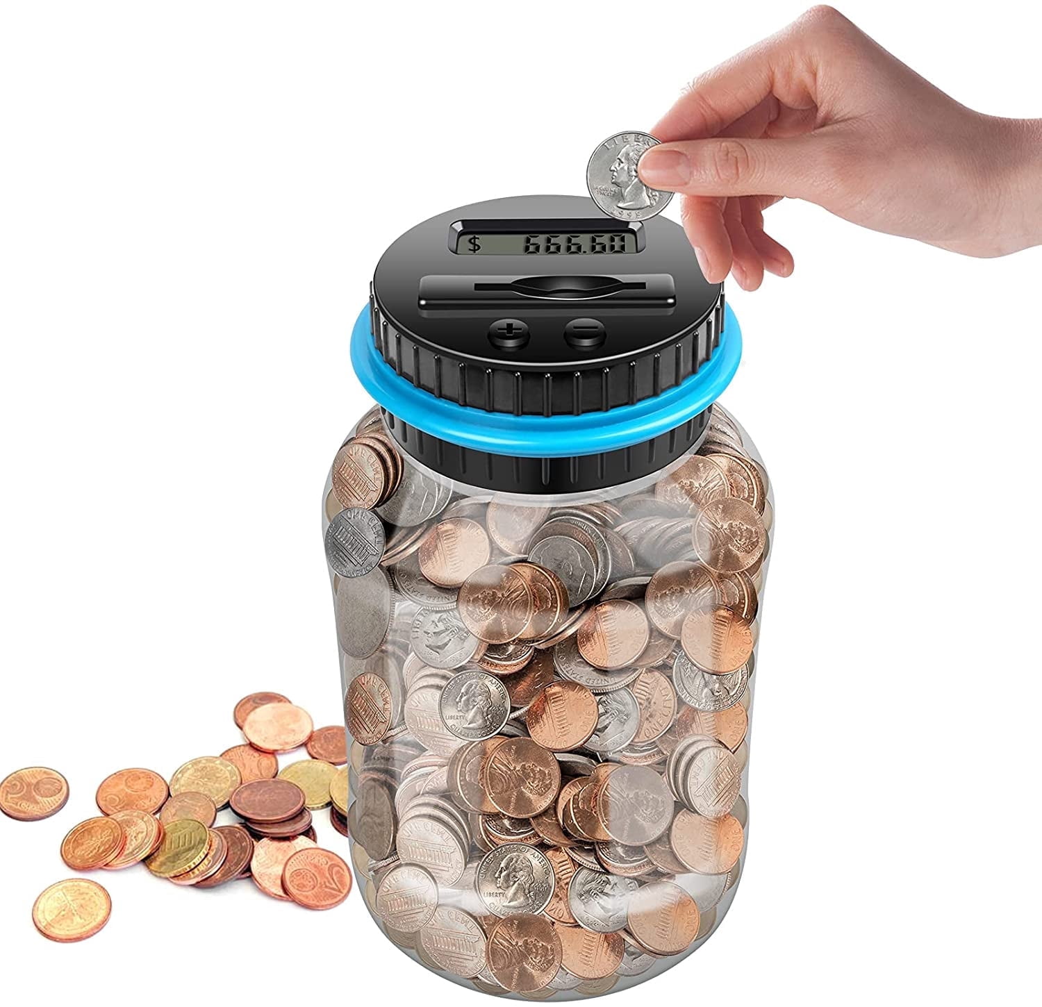 TiokMc Digital Piggy Bank for Adults and Kids, Transparent 1.8L Coin Counter Jar with LCD, Automatic Counting, Large Money Saving Jar, Birthday & Christmas Gift