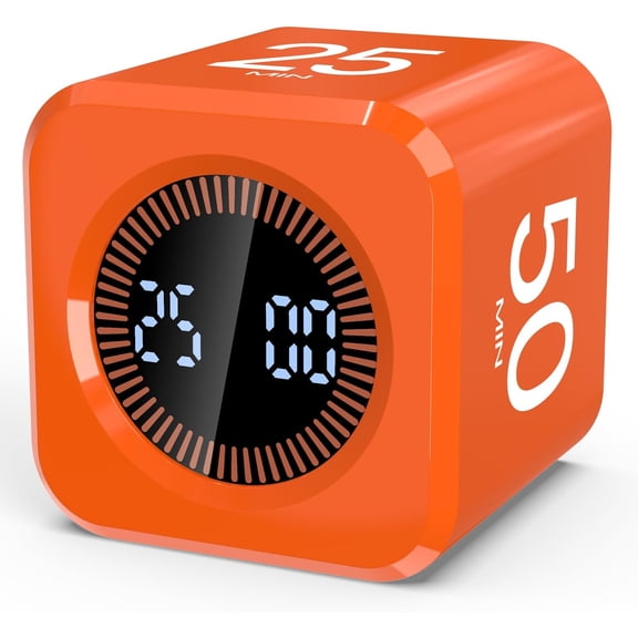 Digital Pomodoro Timer Cube 5/10/25/50min, Visual Productivity Flip for Kids Classroom Desk, Custom Countdown, Silent and Sound Mode ADHD Study Work Game Kitchen (Orange)