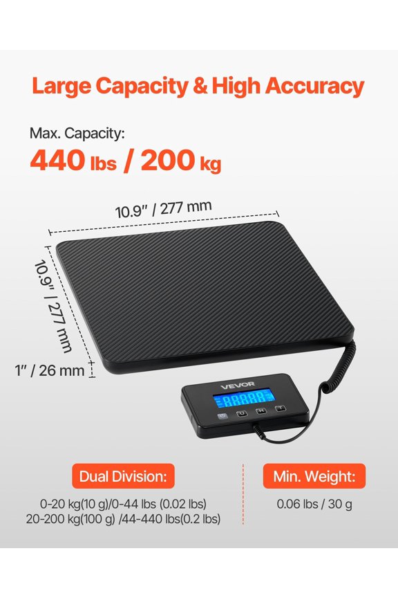 Digital Postal Scale 0.35 oz 3.5 oz Dual Accuracy 440 lbs Commercial Weight Scale with Hold Tare Function & LCD Display Fit for Packages Postage Luggage Battery & Charging Cable Included
