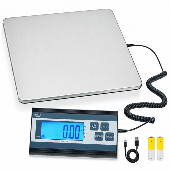 Digital Postal Shipping Scale, 440 lb Capacity, 1 oz Readability, Hold & Tare Functions, Battery or USB-C Power, Corded Display, Stainless Steel Large Platform, Silver
