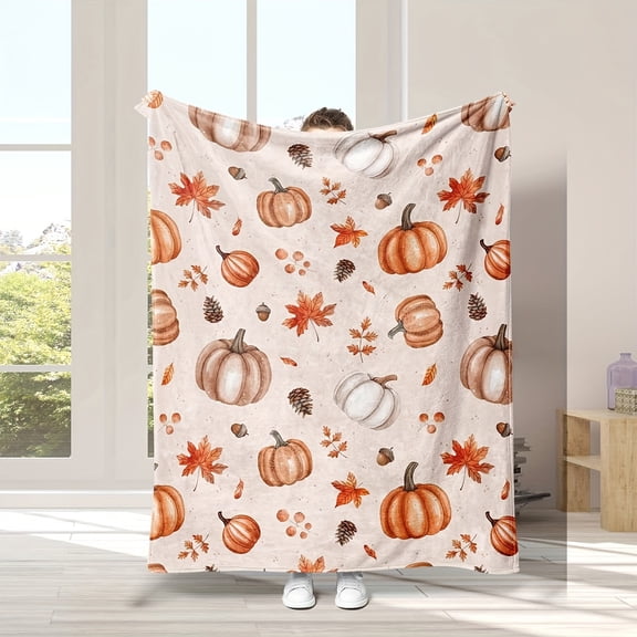 Digital Print Autumn Pumpkin Spice Maple Leaf Throw Blanket, Super Soft Warm Cozy Flannel Fleece Cover for Sofa, Bed, Napping, Travel, Home Decor - Versatile All-Season Reversible Knitted Throw