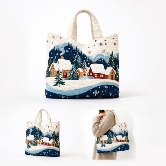 Digital Print Christmas Tote Bag, Vertical Holiday Shoulder Handbag, Lightweight Polyester Fabric Carry Bag with Double Handles for Women Shopping Gift Party Travel (E)