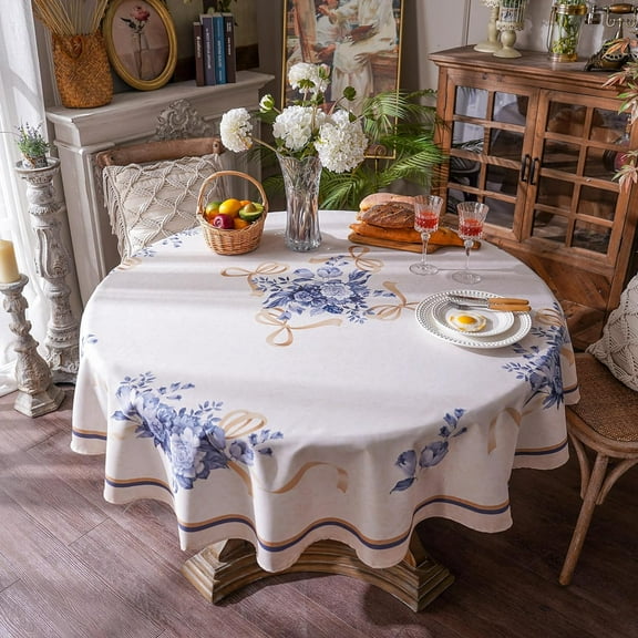 Digital Print Tablecloth Vintage Classic Flower Ribbon Pattern Waterproof for Dinner Table Kitchen Coffee Table Garden Wedding Outdoor and Indoor (Blue, 60 Inch Round)