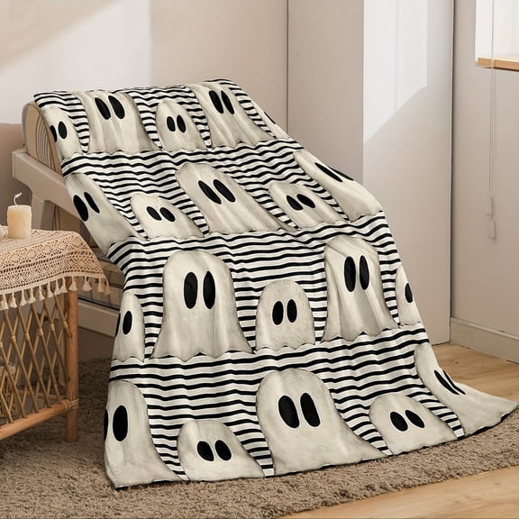 Digital Printed Flannel Blanket Featuring Black And White Striped Ghost Elements for Halloween Soft Comfortable Skin Friendly Plush Throw Suitable for Sofas Chairs Beds And Napping