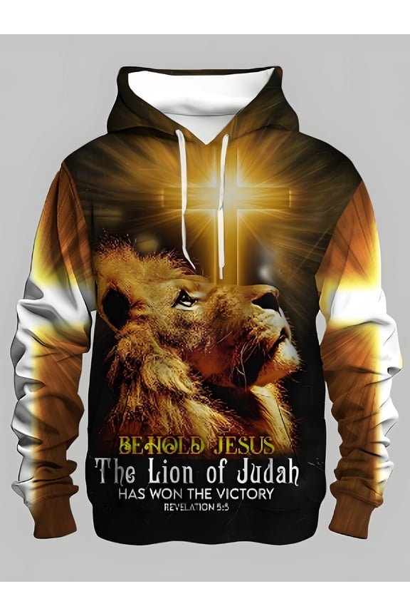 Digital Printing Fashion Trend Hoodie - Lion Christ Cross 3D Printed Pattern, Casual Long Sleeve Sweatshirt, Sports Men's Clothing, Men's Boutique Apparel