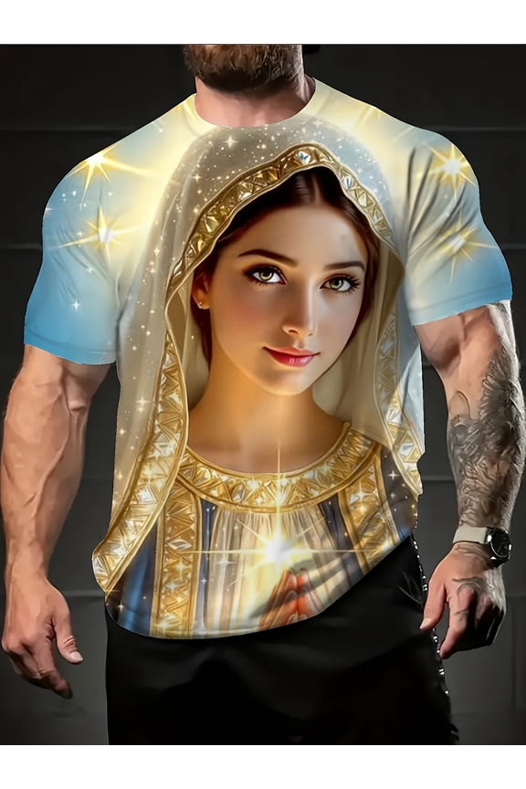 Digital Printing, Religious Virgin Mary Print Men's T-Shirt' Pattern Design, Summer and Autumn, Polyester Fiber(Po Retro American Style Church Gathering Casual Christian Design Featuring, PLUS SIZE