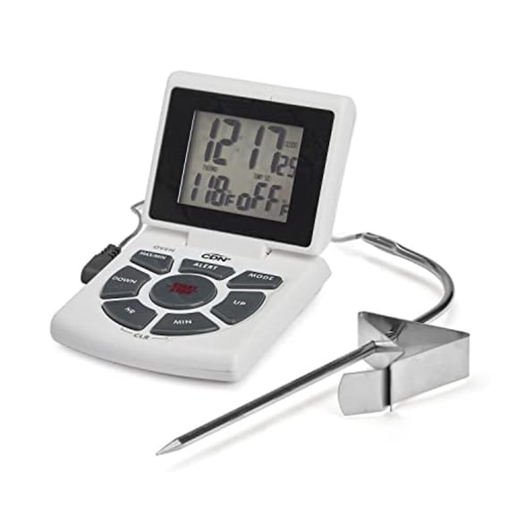 Digital Probe Cooking, Cooling Thermometer, Smoker Oven Grill Candy Deep Frying, Multifunctional Thermometer/Timer/Clock with Loud Alerts, Stainless Steel Probe/Pot Clip, White or Silver (DTTC-W)