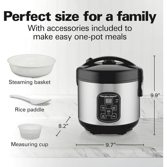 Digital Programmable Rice Cooker & Food Steamer, 8 Cups Cooked (4 Uncooked), With Steam & Rinse Basket, Stainless Steel (37518)