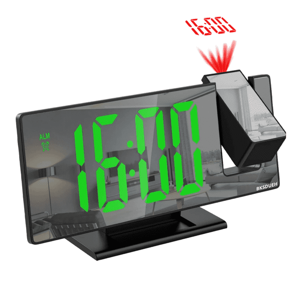 Digital Projection Alarm Clocks for Bedrooms, Large LED Display, BKSDUEH Mirror Desk Alarm Clock with USB Charger, Adjustable Brightness, Loud Alarms for Kids Elderly, Heavy Sleepers, Snooze, 12/24H
