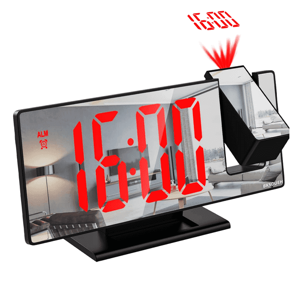 Digital Projection Alarm Clocks for Bedrooms, Large LED Display, BKSDUEH Mirror Desk Alarm Clock with USB Charger, Adjustable Brightness, Loud Alarms for Kids Elderly, Heavy Sleepers, Snooze, 12/24H