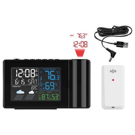 Digital Projection Weather Station, Wireless Thermometer And Hygrometer, 6-Level Forecast Display, Dual Alarm Clock, Indoor Outdoor Temperature Humidity Sensor, Black Finish