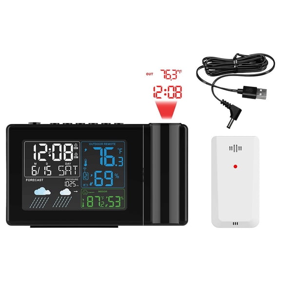 Digital Projection Weather Station, Wireless Thermometer And Hygrometer, 6-Level Forecast Display, Dual Alarm Clock, Indoor Outdoor Temperature Humidity Sensor, Black Finish